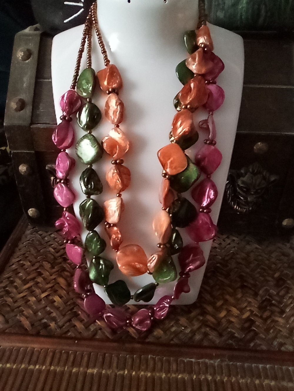 Multi-Strand Pink, Green & Orange Shell Necklace